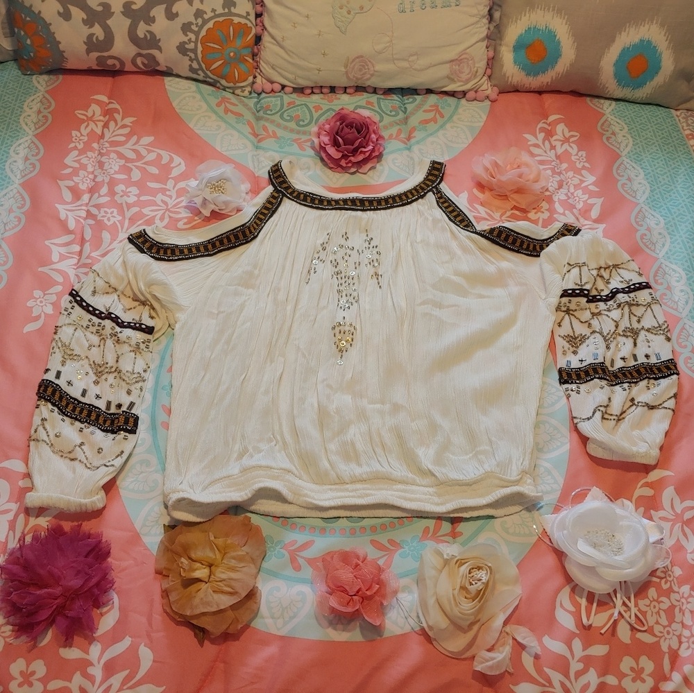 Free People White Embroidered Cold-Shoulder Long Sleeve Top